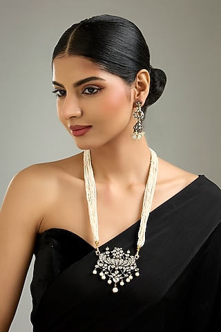 Gold Finish Kundan Polki & Pearl String Pendant Necklace Set by Kreart