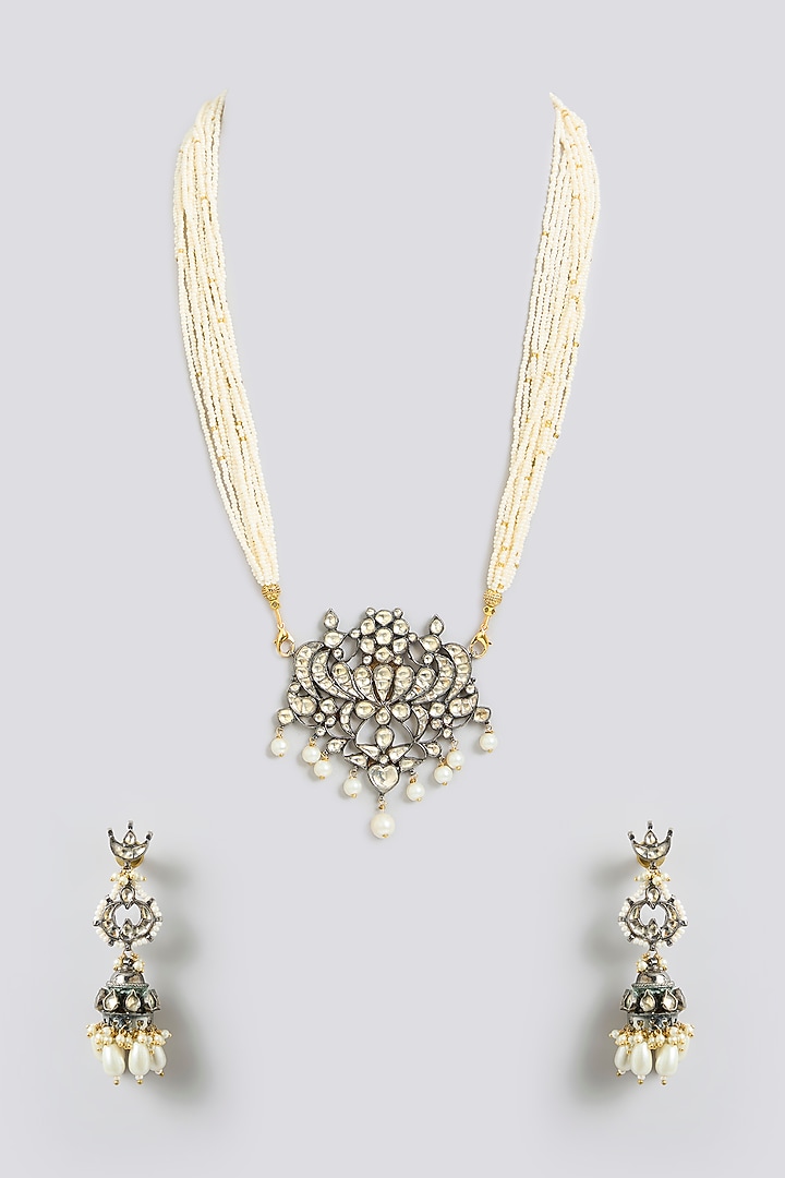 Gold Finish Kundan Polki & Pearl String Pendant Necklace Set by Kreart at Pernia's Pop Up Shop