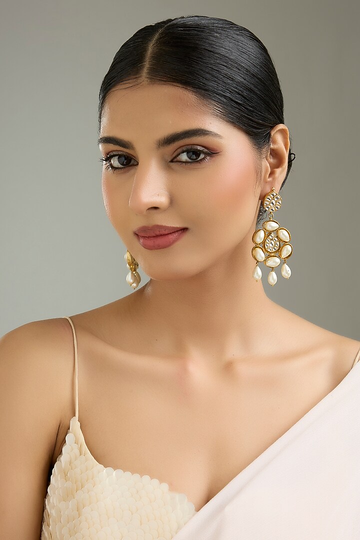 Gold Finish Kundan Polki & Pearl Chandbali Earrings by Kreart at Pernia's Pop Up Shop