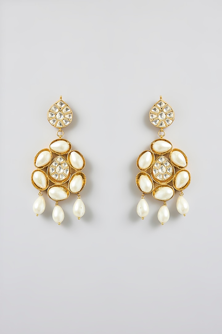 Gold Finish Kundan Polki & Pearl Chandbali Earrings by Kreart at Pernia's Pop Up Shop