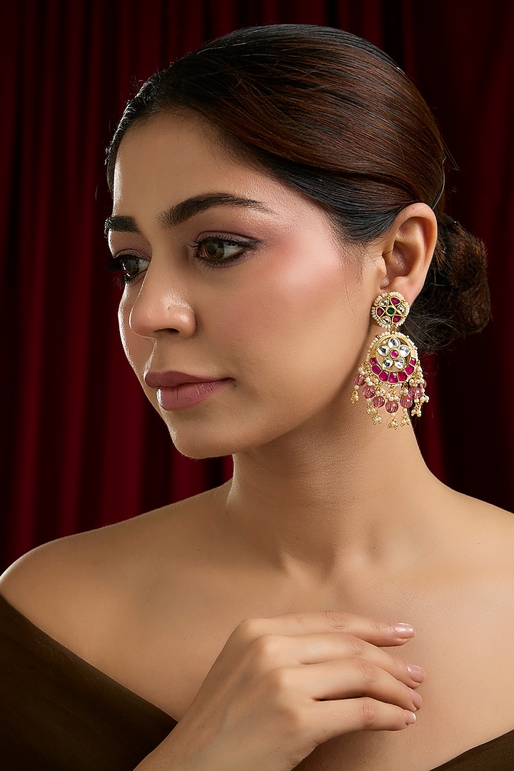 Gold Finish Kundan Polki & Pink Tourmaline Stone Chandbali Earrings by Kreart at Pernia's Pop Up Shop