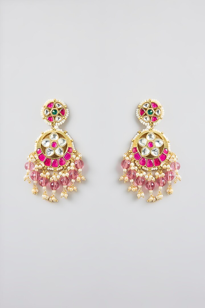 Gold Finish Kundan Polki & Pink Tourmaline Stone Chandbali Earrings by Kreart at Pernia's Pop Up Shop