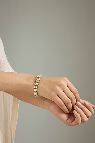 Gold Finish Kundan Polki Openable Bracelet by Kreart