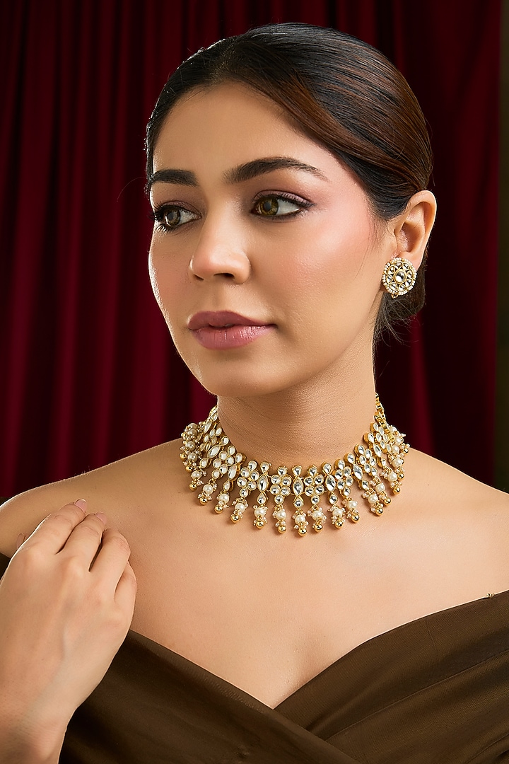Gold Finish Kundan Polki & Pearl Beaded Pendant Necklace by Kreart at Pernia's Pop Up Shop