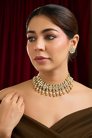 Gold Finish Kundan Polki & Pearl Beaded Pendant Necklace by Kreart