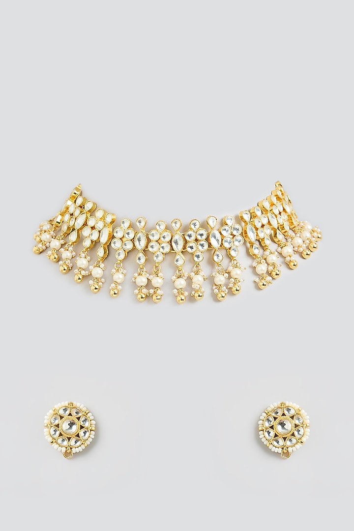 Gold Finish Kundan Polki & Pearl Beaded Pendant Necklace by Kreart at Pernia's Pop Up Shop