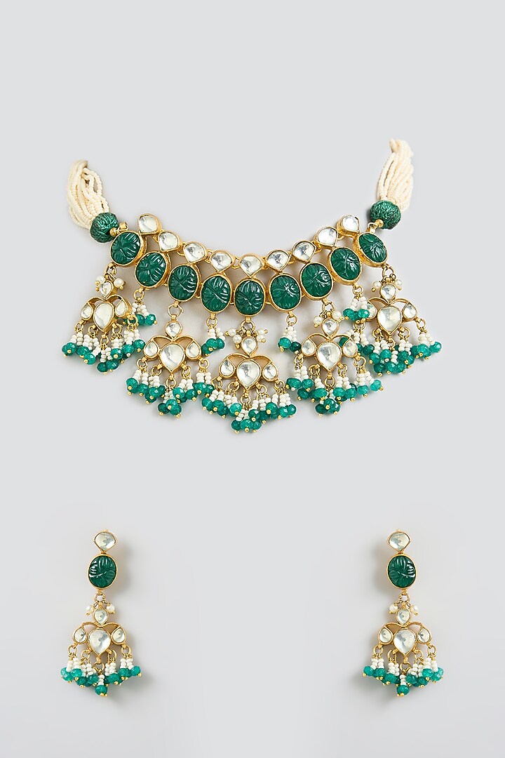 Gold Finish Kundan Polki & Green Onyx Necklace Set by Kreart at Pernia's Pop Up Shop