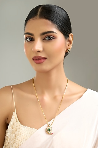 Gold Finish Kundan Polki Pendant Necklace Set by Kreart