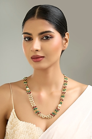 Gold Finish Multi-Colored Beaded & Pearl Necklace by Kreart