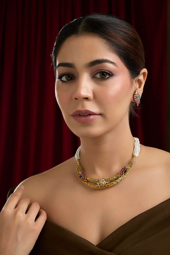 Gold Finish Kundan Polki & Multi-Colored Stone Hasli Necklace Set by Kreart at Pernia's Pop Up Shop