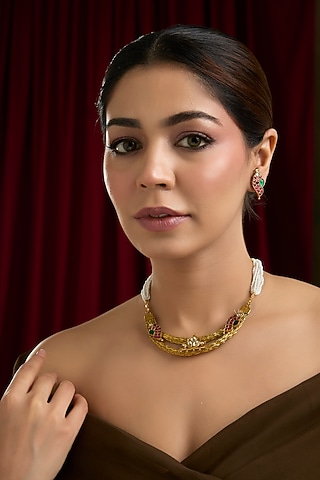 Gold Finish Kundan Polki & Multi-Colored Stone Hasli Necklace Set by Kreart