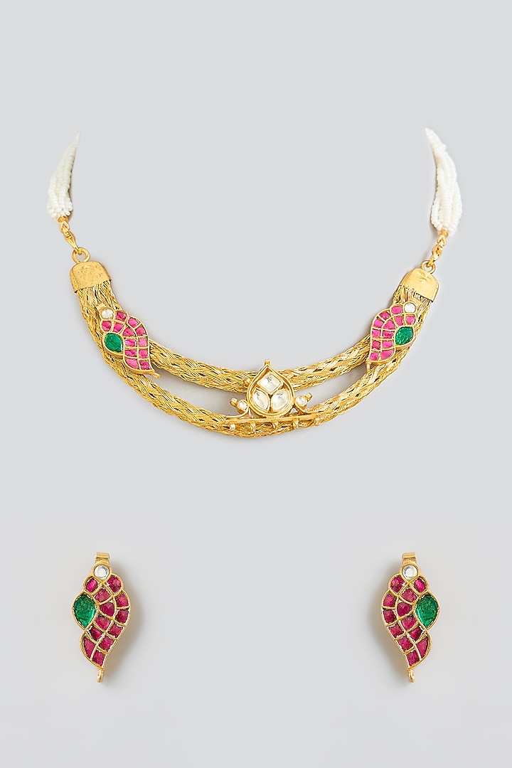 Gold Finish Kundan Polki & Multi-Colored Stone Hasli Necklace Set by Kreart at Pernia's Pop Up Shop