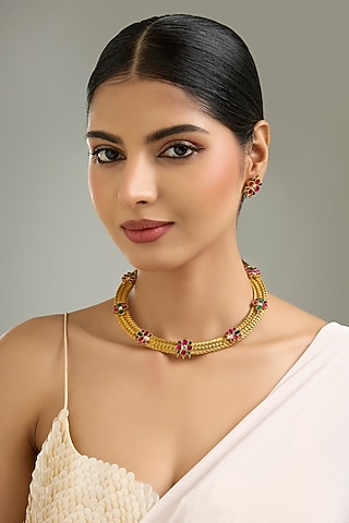 Gold Finish Kundan Polki Hasli Necklace Set by Kreart