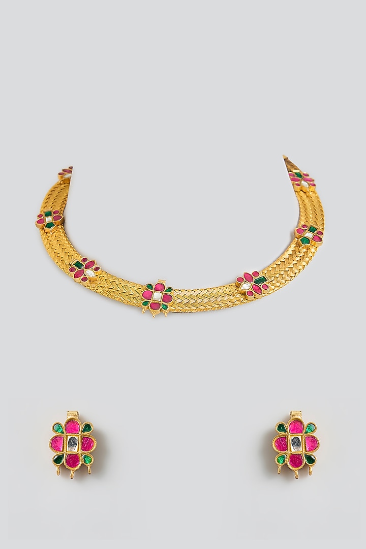Gold Finish Kundan Polki Hasli Necklace Set by Kreart at Pernia's Pop Up Shop