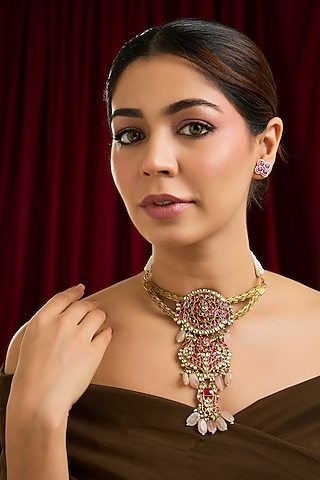 Gold Finish Kundan Polki & Beaded Hasli Necklace Set by Kreart