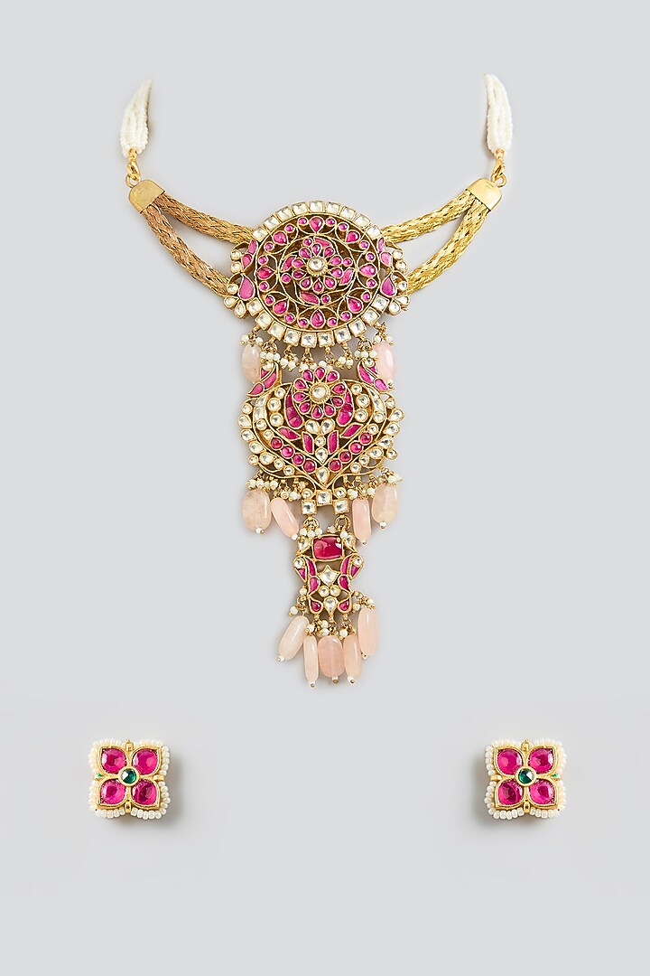 Gold Finish Kundan Polki & Beaded Hasli Necklace Set by Kreart at Pernia's Pop Up Shop
