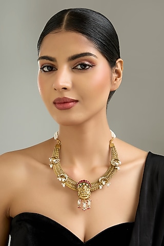 Gold Finish Kundan Polki Temple Necklace by Kreart