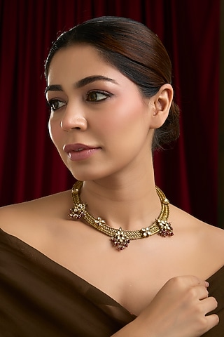Gold Finish Kundan Polki & Beaded Hasli Necklace by Kreart