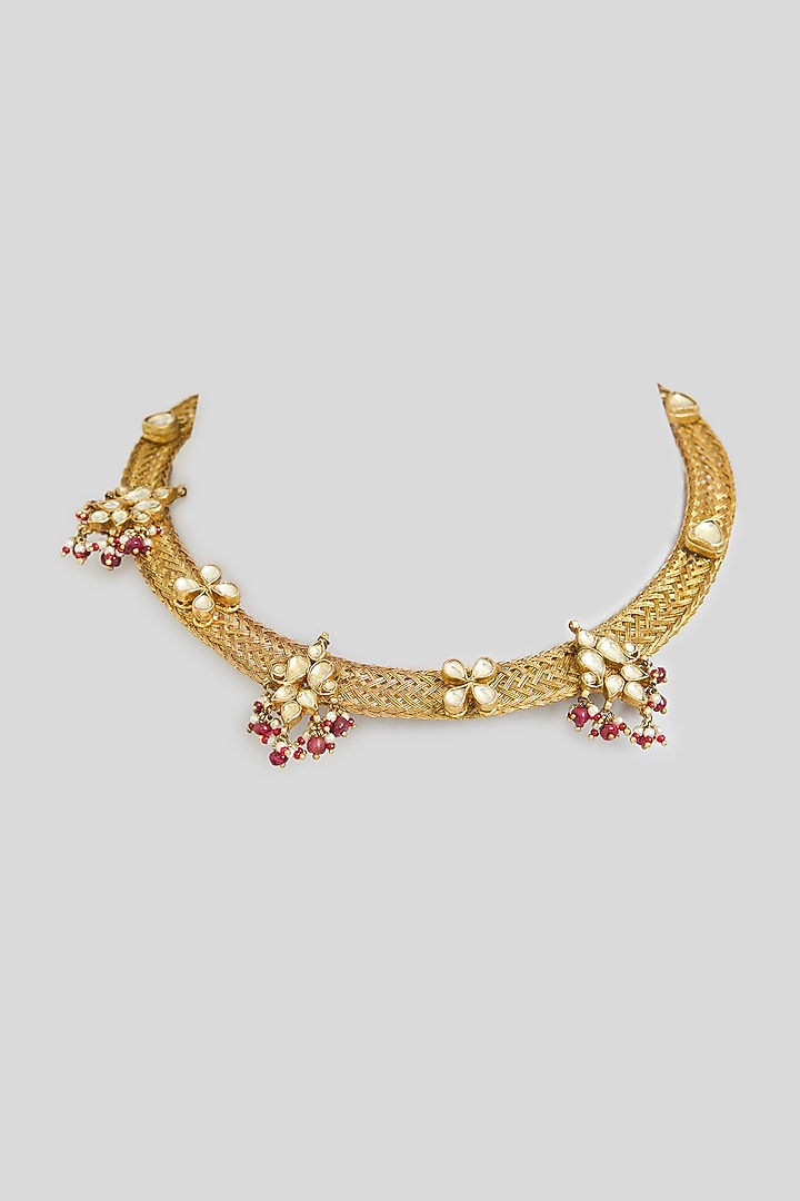 Gold Finish Kundan Polki & Beaded Hasli Necklace by Kreart at Pernia's Pop Up Shop