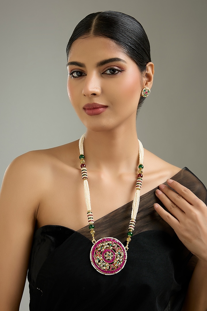 Gold Finish Kundan Polki & Multi-Colored Stone Pendant Necklace Set by Kreart at Pernia's Pop Up Shop