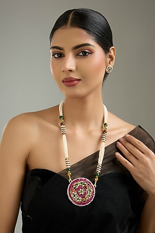 Gold Finish Kundan Polki & Multi-Colored Stone Pendant Necklace Set by Kreart