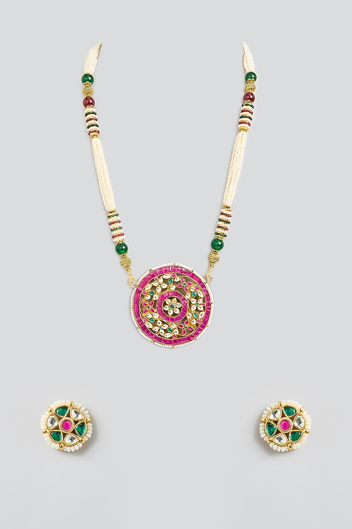 Gold Finish Kundan Polki & Multi-Colored Stone Pendant Necklace Set by Kreart at Pernia's Pop Up Shop