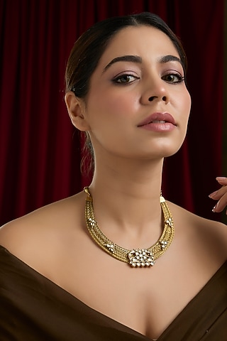 Gold Finish Kundan Polki Hasli Necklace by Kreart