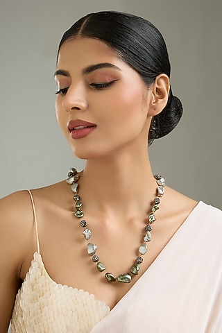 Black Rhodium Finish Baroque Pearl & Black Onyx Necklace by Kreart