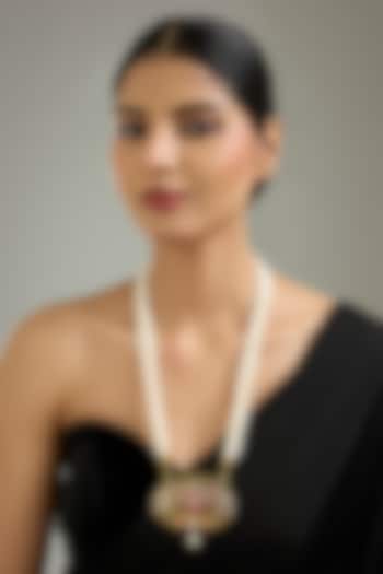 Gold Finish Multi-Colored Jadau Stone & Pearl Pendant Necklace by Kreart at Pernia's Pop Up Shop
