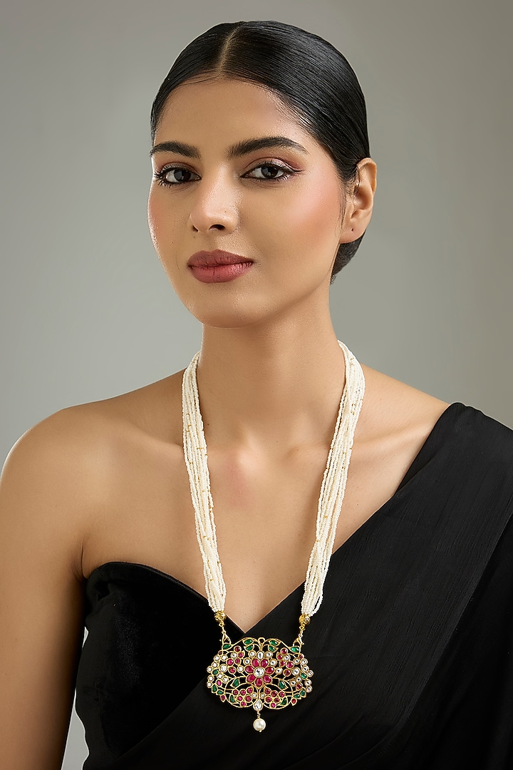 Gold Finish Multi-Colored Jadau Stone & Pearl Pendant Necklace by Kreart at Pernia's Pop Up Shop