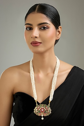 Gold Finish Multi-Colored Jadau Stone & Pearl Pendant Necklace by Kreart