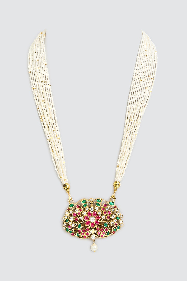 Gold Finish Multi-Colored Jadau Stone & Pearl Pendant Necklace by Kreart at Pernia's Pop Up Shop