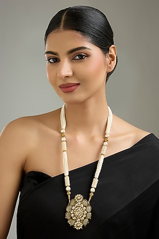 Gold Finish Amethyst Stone & Pearl Pendant Necklace by Kreart