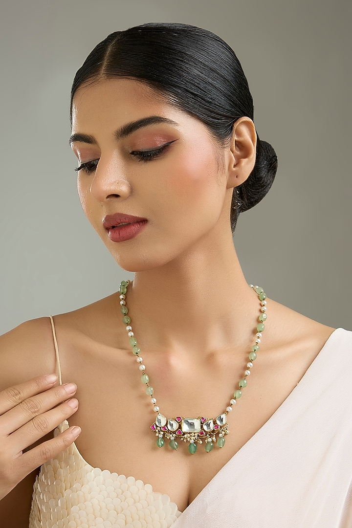 Gold Finish Kundan Polki & Green Onyx Pendant Necklace by Kreart at Pernia's Pop Up Shop