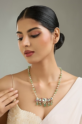 Gold Finish Kundan Polki & Green Onyx Pendant Necklace by Kreart