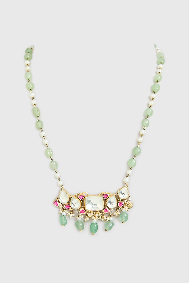 Gold Finish Kundan Polki & Green Onyx Pendant Necklace by Kreart at Pernia's Pop Up Shop
