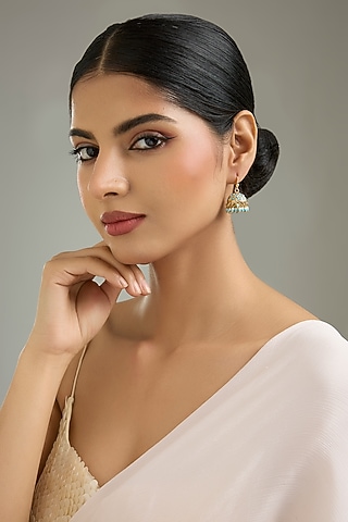 Gold Finish Turquoise Stone & Pearl Bead Jhumka Earrings by Kreart