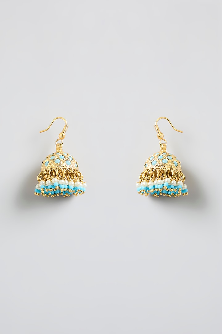 Gold Finish Turquoise Stone & Pearl Bead Jhumka Earrings by Kreart at Pernia's Pop Up Shop