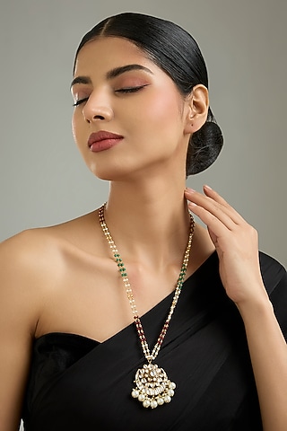 Gold Finish Kundan Polki & Multi-Colored Beaded Pendant Necklace by Kreart