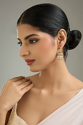 Gold Finish Green Onyx & Beaded Jhumka Earrings by Kreart