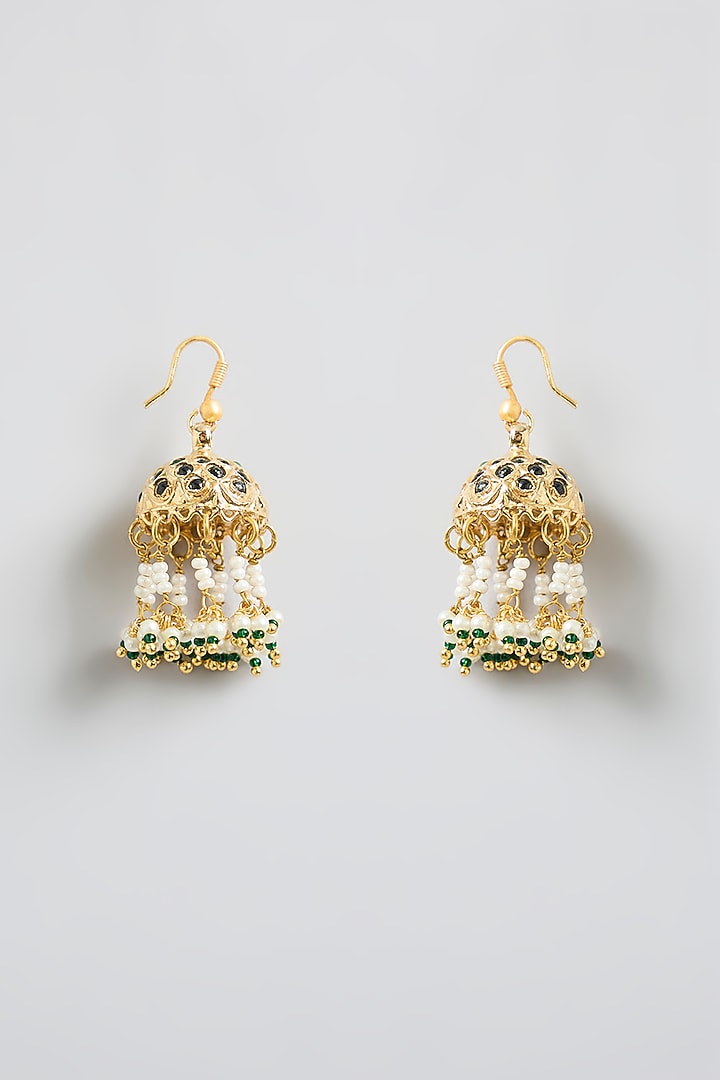 Gold Finish Green Onyx & Beaded Jhumka Earrings by Kreart at Pernia's Pop Up Shop