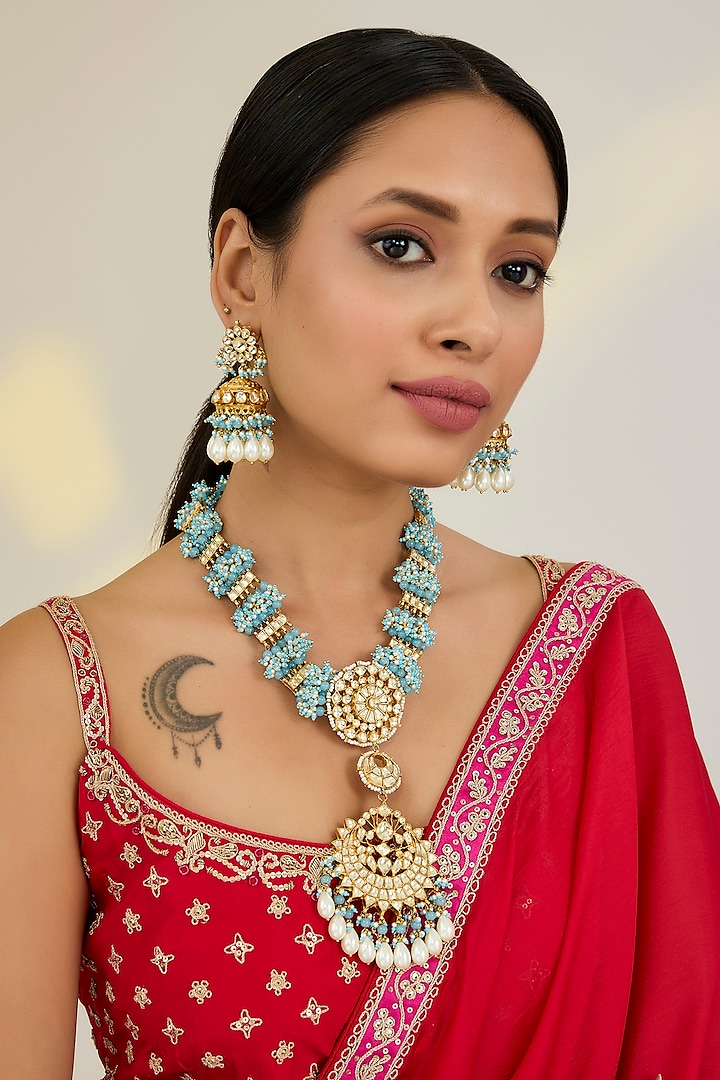 Gold Finish Kundan Polki & Blue Pearl Long Pendant Necklace Set by Kreart at Pernia's Pop Up Shop