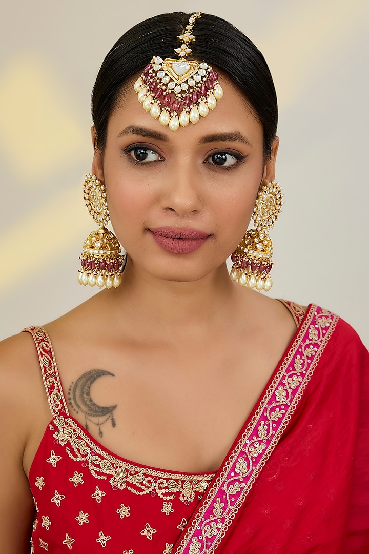 Gold Finish Kundan Polki & Pink Beaded Jhumka Earrings With Maangtikka by Kreart