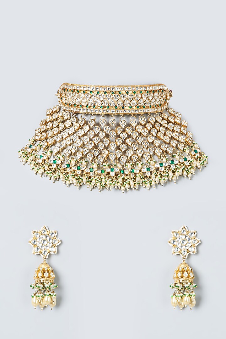Gold Finish Kundan Polki Necklace Set by Kreart at Pernia's Pop Up Shop