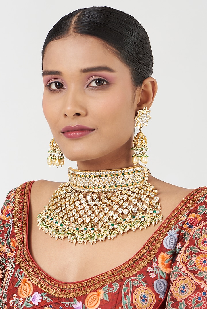 Gold Finish Kundan Polki Necklace Set by Kreart at Pernia's Pop Up Shop