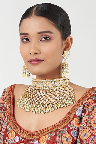 Gold Finish Kundan Polki Necklace Set by Kreart