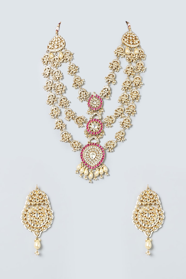 Gold Finish Kundan Polki & Pearls Necklace Set by Kreart at Pernia's Pop Up Shop