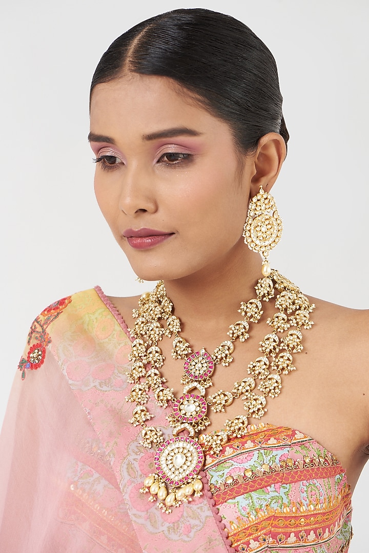Gold Finish Kundan Polki & Pearls Necklace Set by Kreart at Pernia's Pop Up Shop