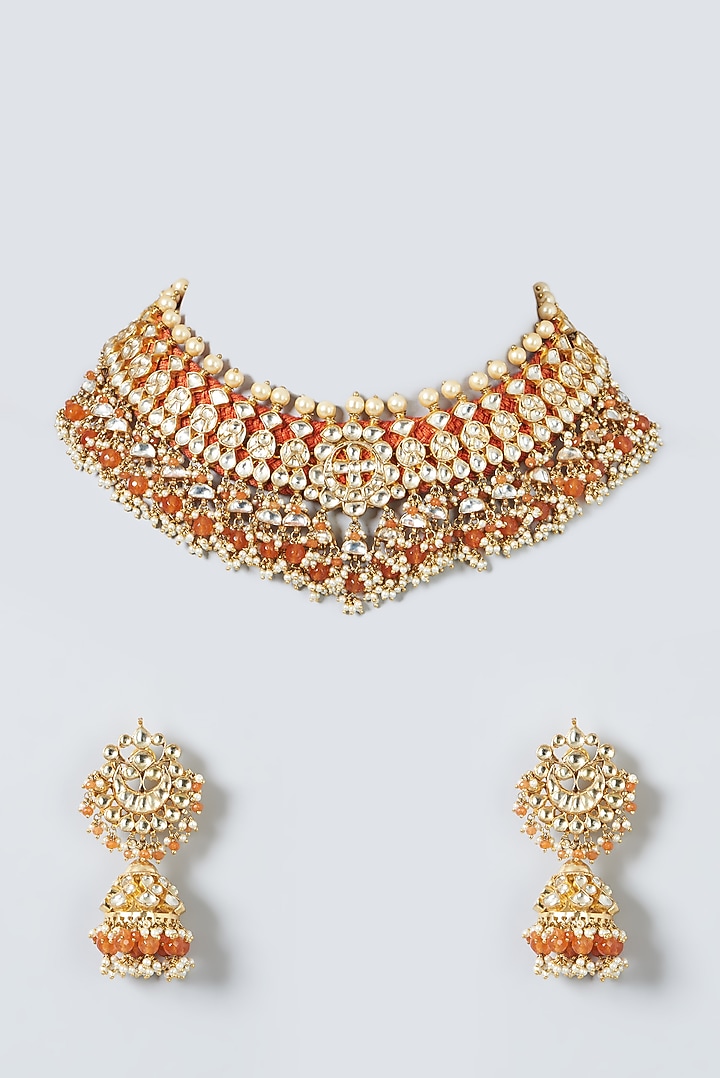 Gold Finish Orange Beaded Necklace Set by Kreart at Pernia's Pop Up Shop