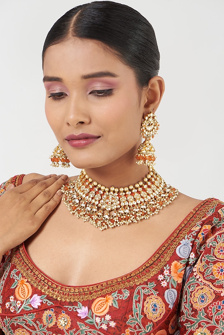 Gold Finish Orange Beaded Necklace Set by Kreart at Pernia's Pop Up Shop